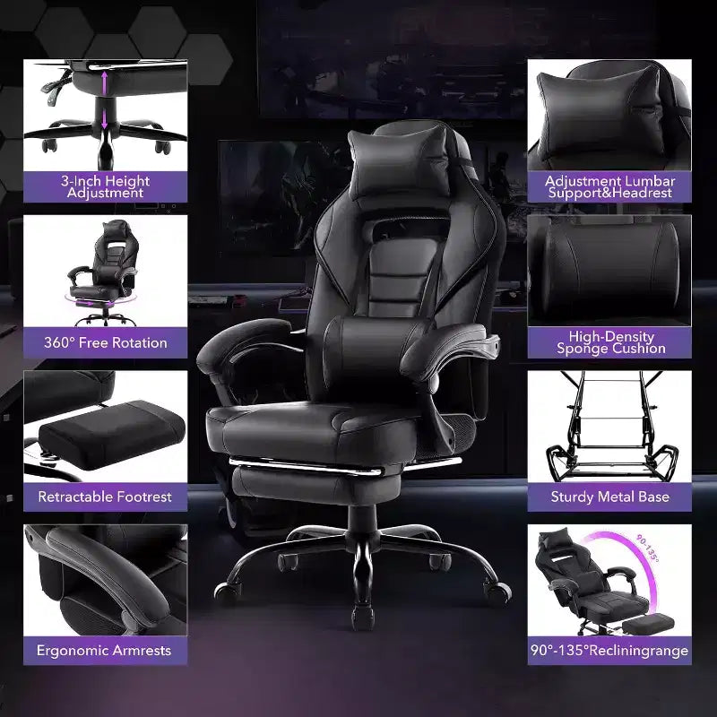 Sedia da gaming, Sedia da gaming con poggiapiedi e supporto lombare massaggiante, Design ergonomico, Poltrona reclinabile in pelle PU con schienale alto e poggiatesta, Rotazione a 360°