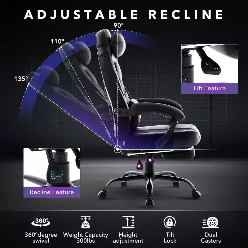 Sedia da gaming, Sedia da gaming con poggiapiedi e supporto lombare massaggiante, Design ergonomico, Poltrona reclinabile in pelle PU con schienale alto e poggiatesta, Rotazione a 360°
