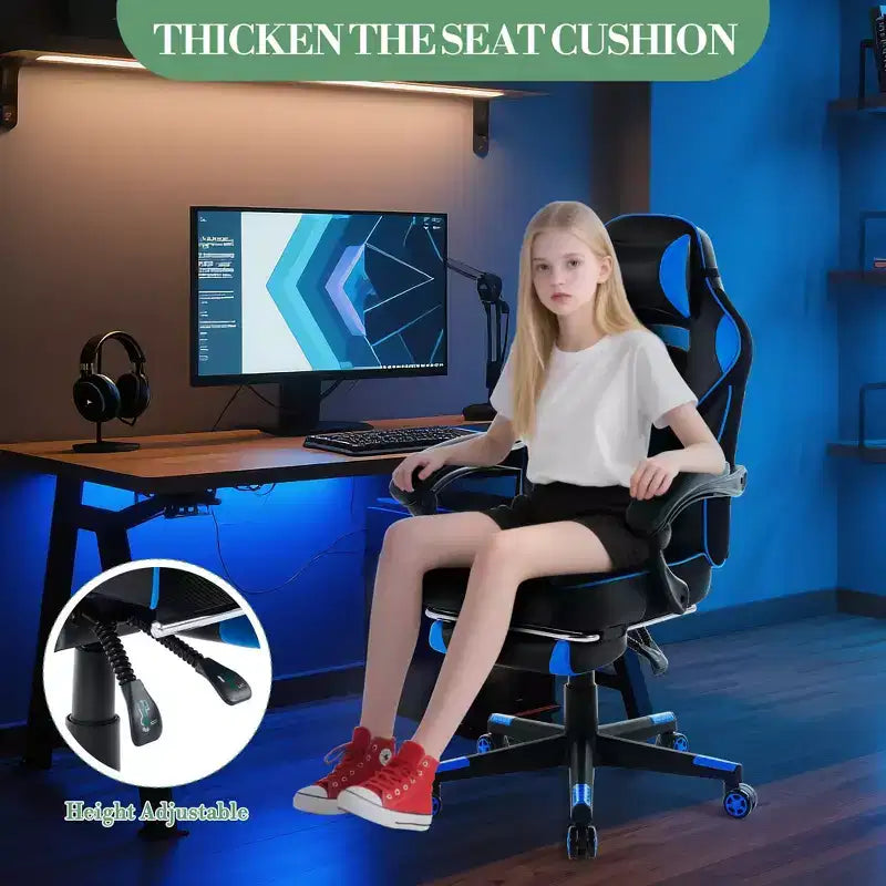 Sedia da gaming, Sedia da gaming con poggiapiedi e supporto lombare massaggiante, Design ergonomico, Poltrona reclinabile in pelle PU con schienale alto e poggiatesta, Rotazione a 360°