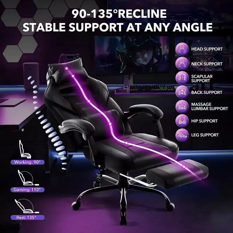 Sedia da gaming, Sedia da gaming con poggiapiedi e supporto lombare massaggiante, Design ergonomico, Poltrona reclinabile in pelle PU con schienale alto e poggiatesta, Rotazione a 360°