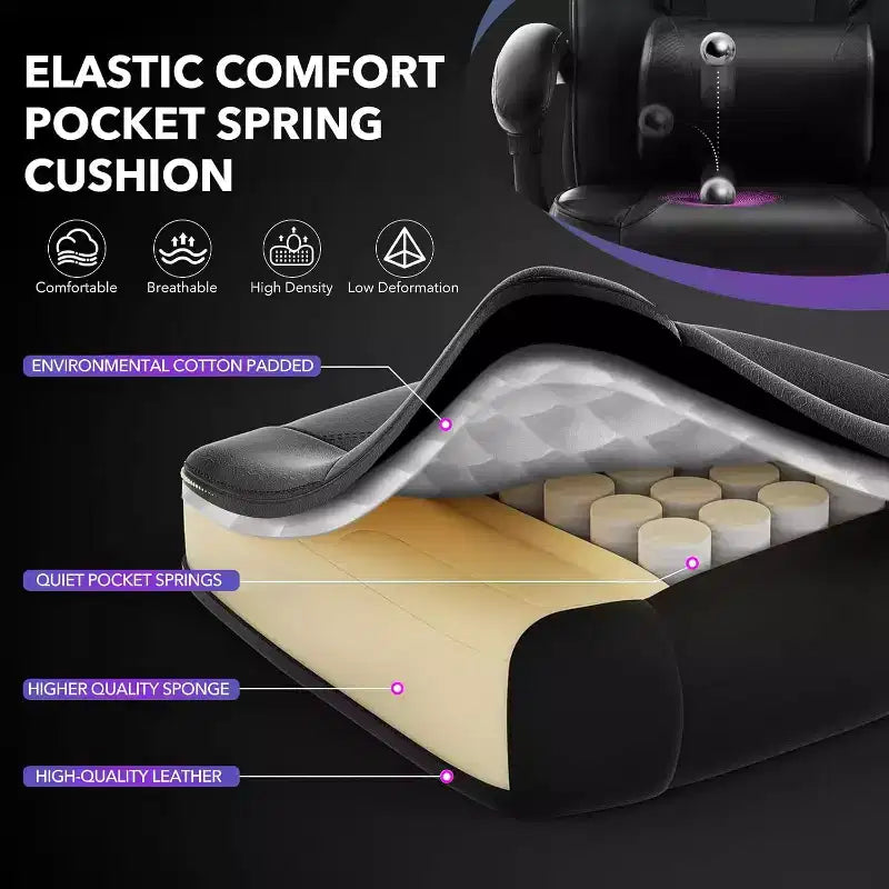 Sedia da gaming, Sedia da gaming con poggiapiedi e supporto lombare massaggiante, Design ergonomico, Poltrona reclinabile in pelle PU con schienale alto e poggiatesta, Rotazione a 360°