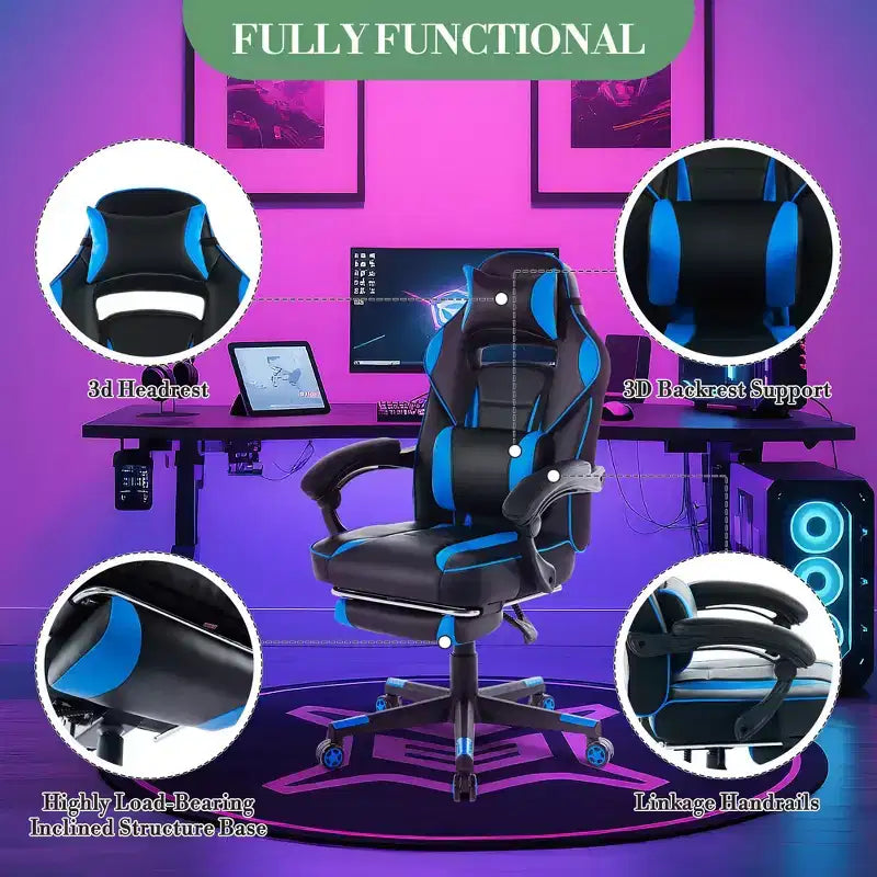 Sedia da gaming, Sedia da gaming con poggiapiedi e supporto lombare massaggiante, Design ergonomico, Poltrona reclinabile in pelle PU con schienale alto e poggiatesta, Rotazione a 360°