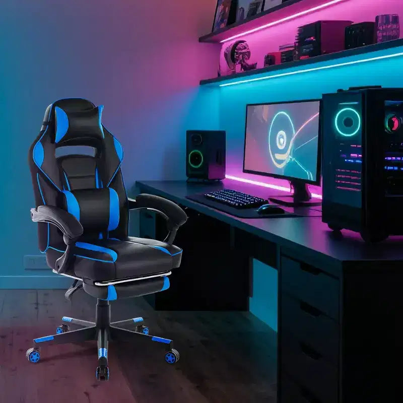 Sedia da gaming, Sedia da gaming con poggiapiedi e supporto lombare massaggiante, Design ergonomico, Poltrona reclinabile in pelle PU con schienale alto e poggiatesta, Rotazione a 360°