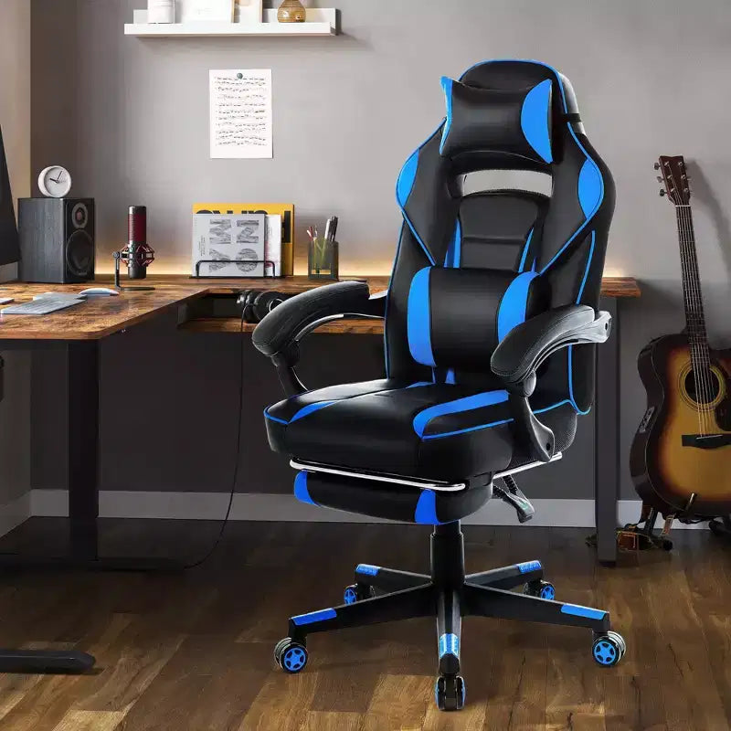 Sedia da gaming, Sedia da gaming con poggiapiedi e supporto lombare massaggiante, Design ergonomico, Poltrona reclinabile in pelle PU con schienale alto e poggiatesta, Rotazione a 360°
