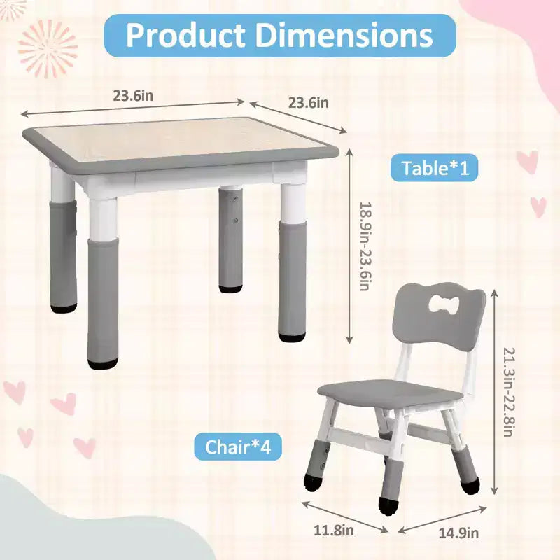 Tavolo e 4 Sedie per Bambini GustoWave, Tavolino per Bambini Regolabile in Altezza 23" e 4 Sedie con Gambe Antiscivolo e Desktop Graffiti con Organizer