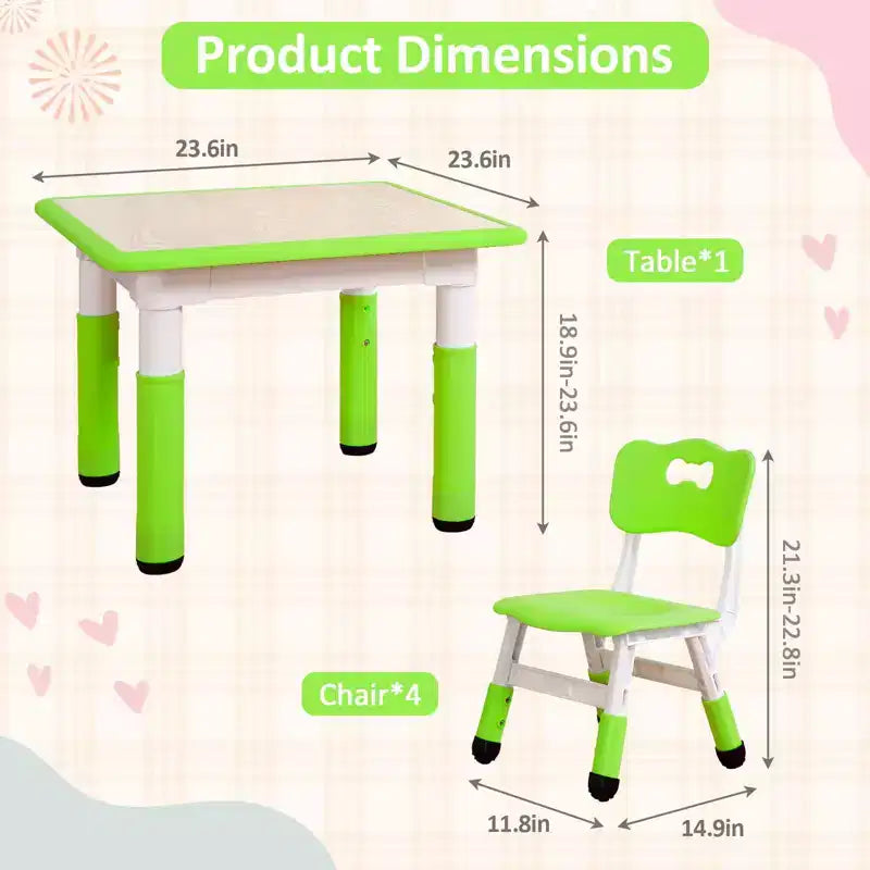 Tavolo e 4 Sedie per Bambini GustoWave, Tavolino per Bambini Regolabile in Altezza 23" e 4 Sedie con Gambe Antiscivolo e Desktop Graffiti con Organizer