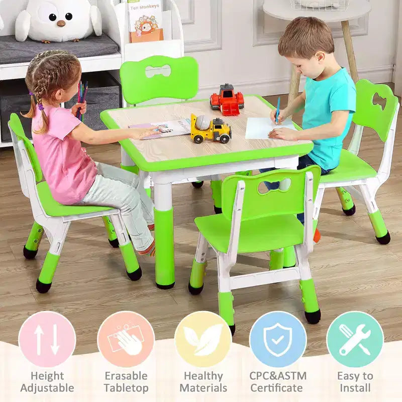 Tavolo e 4 Sedie per Bambini GustoWave, Tavolino per Bambini Regolabile in Altezza 23" e 4 Sedie con Gambe Antiscivolo e Desktop Graffiti con Organizer