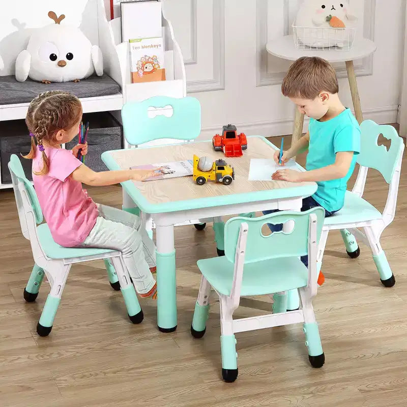 Tavolo e 4 Sedie per Bambini GustoWave, Tavolino per Bambini Regolabile in Altezza 23" e 4 Sedie con Gambe Antiscivolo e Desktop Graffiti con Organizer