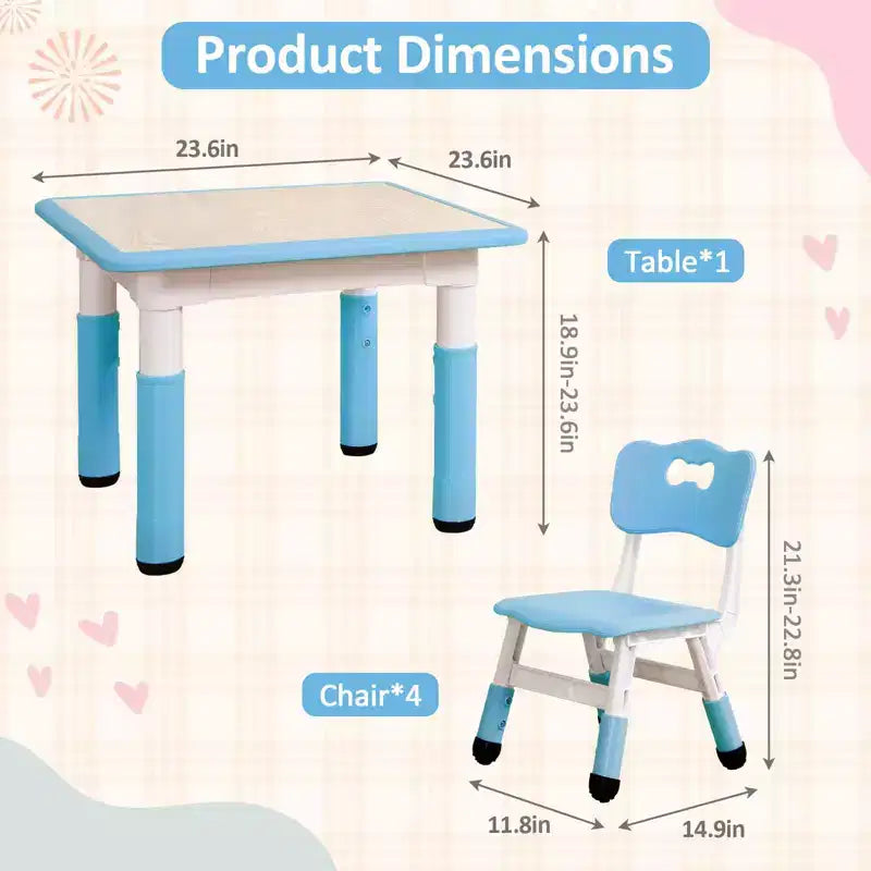 Tavolo e 4 Sedie per Bambini GustoWave, Tavolino per Bambini Regolabile in Altezza 23" e 4 Sedie con Gambe Antiscivolo e Desktop Graffiti con Organizer