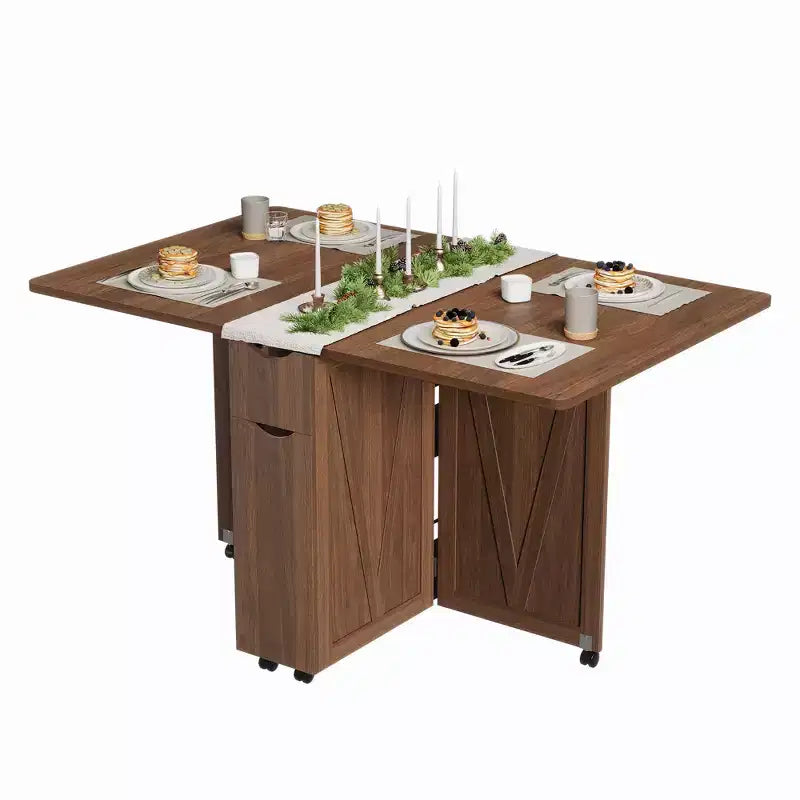 Tavolo da pranzo pieghevole, Tavolo da pranzo con contenitore e ripiani, Tavolo da pranzo salvaspazio con 6 ruote, Tavolo da cucina per piccoli spazi