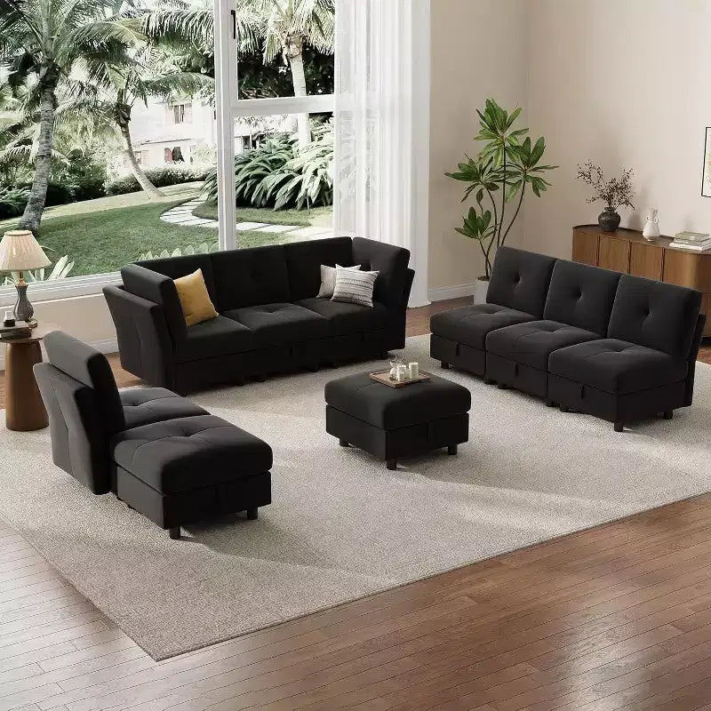 Divano componibile modulare a 9 posti con contenitore, divani componibili a forma di U, divano trasformabile con pouf, velluto ad alto supporto, per casa nero