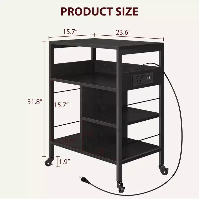 Carrello Porta Stampante a 3 Livelli con Contenitore e Stazione di Ricarica, Carrello Mobile per Stampante con 4 Prese e 2 Porte USB, Organizer Multilivello per l'Ufficio Domestico