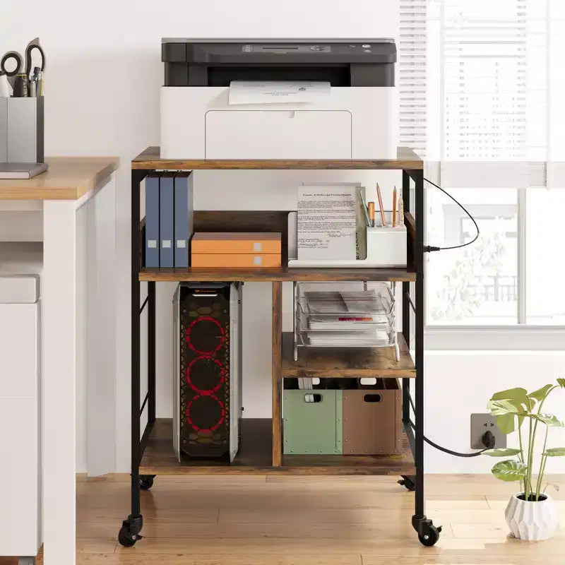 Carrello Porta Stampante a 3 Livelli con Contenitore e Stazione di Ricarica, Carrello Mobile per Stampante con 4 Prese e 2 Porte USB, Organizer Multilivello per l'Ufficio Domestico