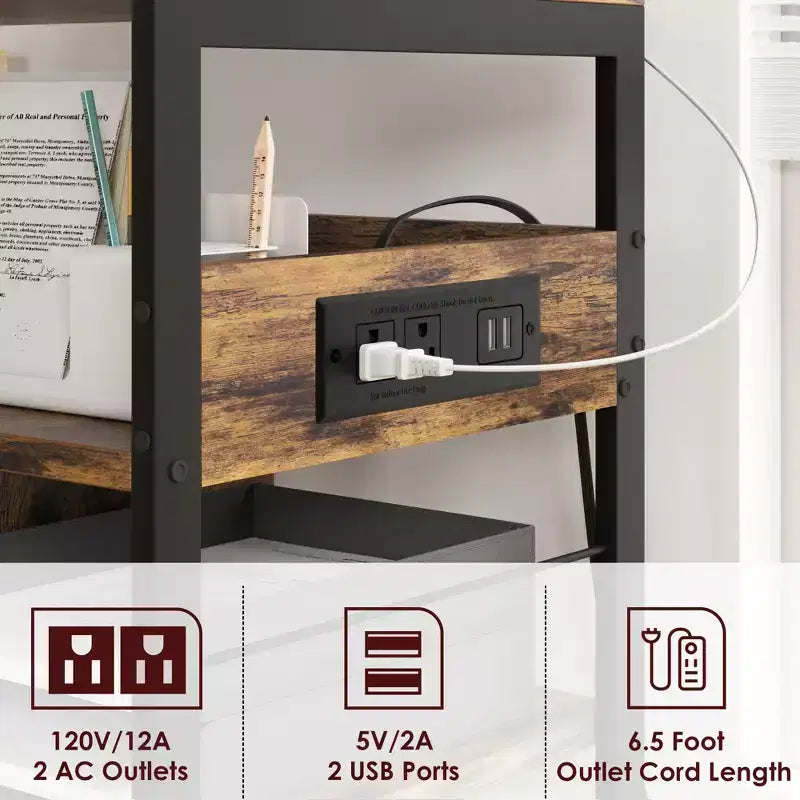 Carrello Porta Stampante a 3 Livelli con Contenitore e Stazione di Ricarica, Carrello Mobile per Stampante con 4 Prese e 2 Porte USB, Organizer Multilivello per l'Ufficio Domestico