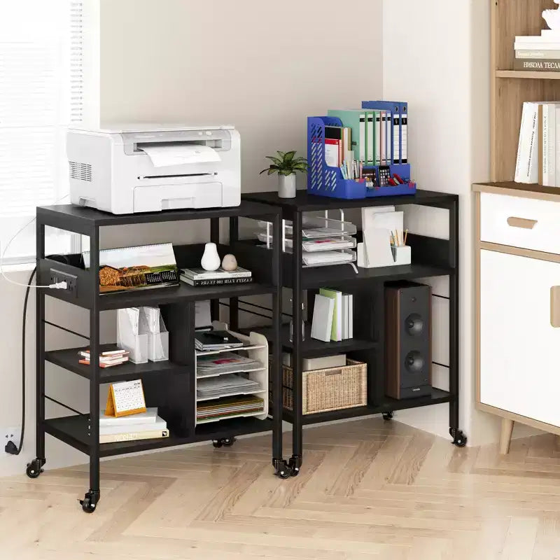 Carrello Porta Stampante a 3 Livelli con Contenitore e Stazione di Ricarica, Carrello Mobile per Stampante con 4 Prese e 2 Porte USB, Organizer Multilivello per l'Ufficio Domestico