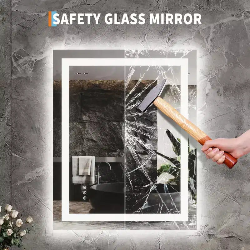 Specchio da bagno, specchio da parete senza cornice con luci anti-appannamento e dimmerabili