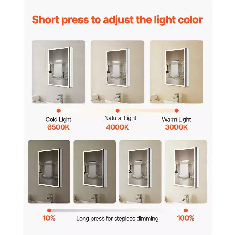 Pensile da bagno VEVOR con specchio illuminato, 50 x 70 cm, da incasso o a parete, con luce LED dimmerabile a 3 colori, nero