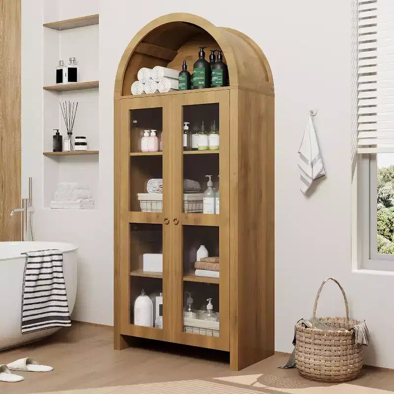 COZONY 70 Tall Arched Display Cabinet with Clear Acrylic Doors, 5 Adjustable Shelves, Wood Storage Pantry Hutch for Kitchen, Dining Room, Oak