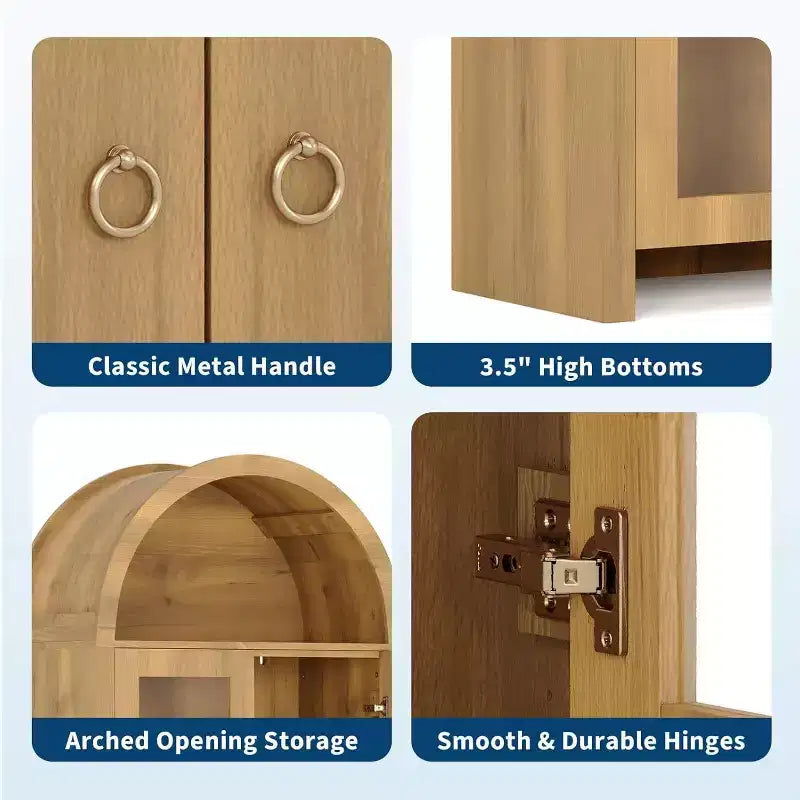 COZONY Vetrinetta ad arco alta 70 con ante in acrilico trasparente, 5 ripiani regolabili, Credenza in legno con spazio per riporre oggetti per cucina, sala da pranzo, rovere
