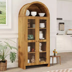 COZONY Vetrinetta ad arco alta 70 con ante in acrilico trasparente, 5 ripiani regolabili, Credenza in legno con spazio per riporre oggetti per cucina, sala da pranzo, rovere