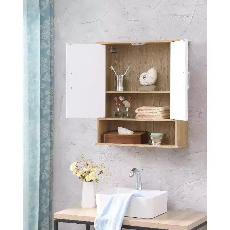 Pensile da bagno scanalato con 2 ante e ripiano regolabile, moderno armadietto dei medicinali, pensili da cucina a 3 livelli, armadietto da parete sopra il WC