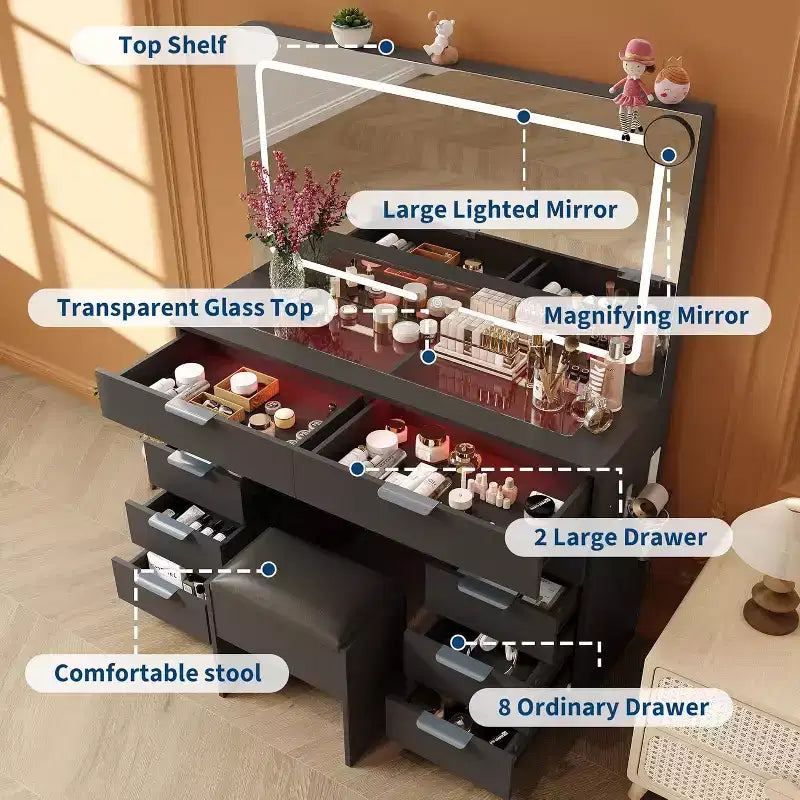 Toeletta con specchio grande e luci, set tavolo da trucco con piano in vetro, presa di corrente, sgabello, tavolo da trucco per camera da letto