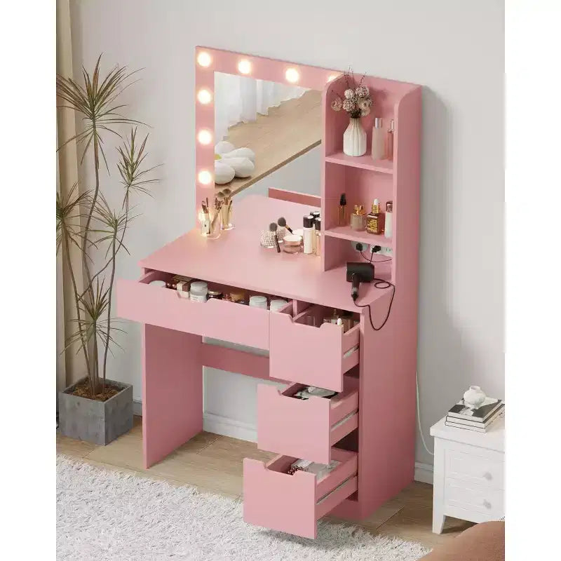 Toeletta con Specchio e Luci - Scrivania da Trucco con 4 Cassetti, Presa di Corrente Integrata, Illuminazione LED Regolabile, per Camera da Letto