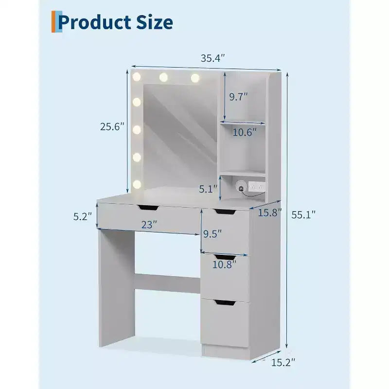 Toeletta con Specchio e Luci - Scrivania da Trucco con 4 Cassetti, Presa di Corrente Integrata, Illuminazione LED Regolabile, per Camera da Letto
