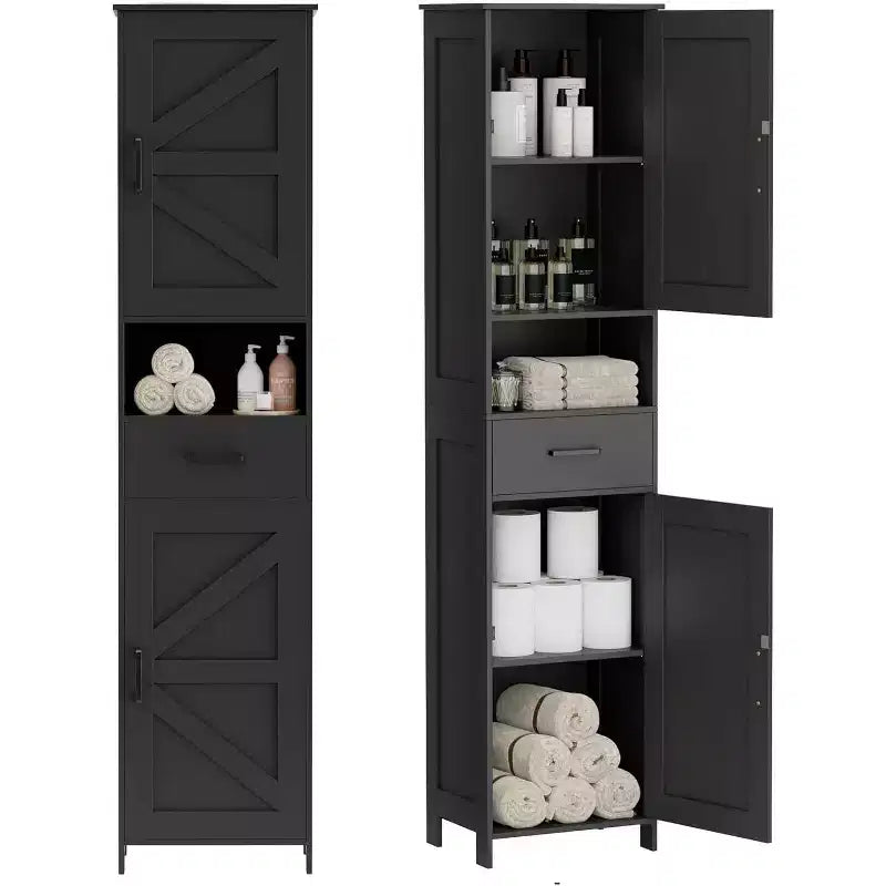 Dcolora 67 H Tall Bathroom Storage Cabinet with 2 Barn Doors and 1 Drawer, Narrow Storage Unit, Adjustable Shelves, Floor Cabinet for Bathroom