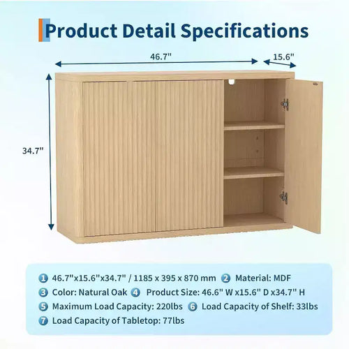 Mobile Credenza in Legno 46,7 con Ante, Madia Moderna Scanalata con Ripiani Regolabili e 3 Porte, Mobile Bar per Casa Naturale