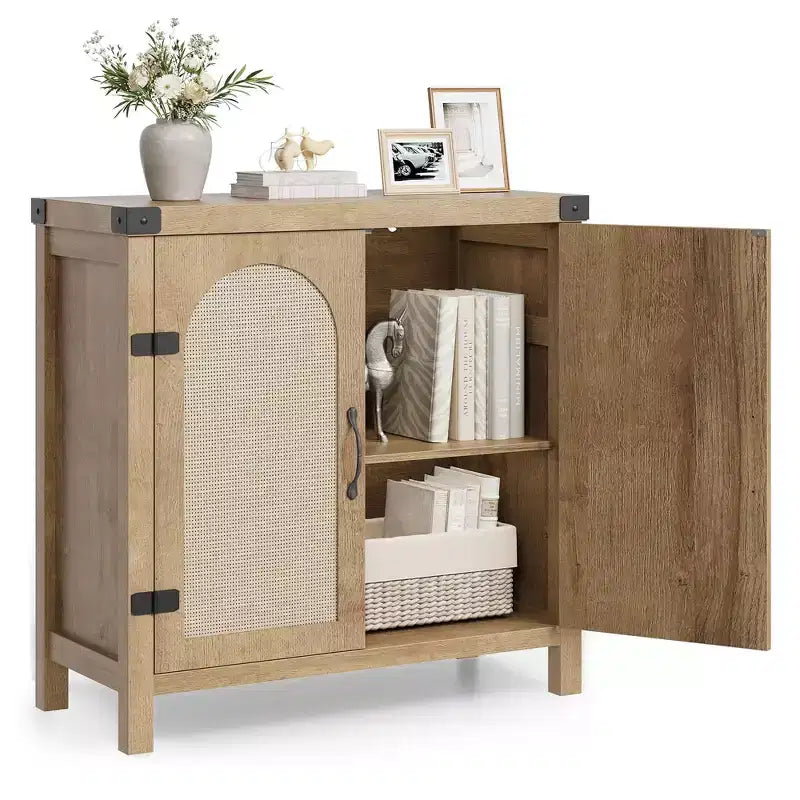 Mobile buffet in rattan con contenitore, Credenza con ante in rattan sintetico, Ripiani regolabili per soggiorno, sala da pranzo, corridoio, Nero
