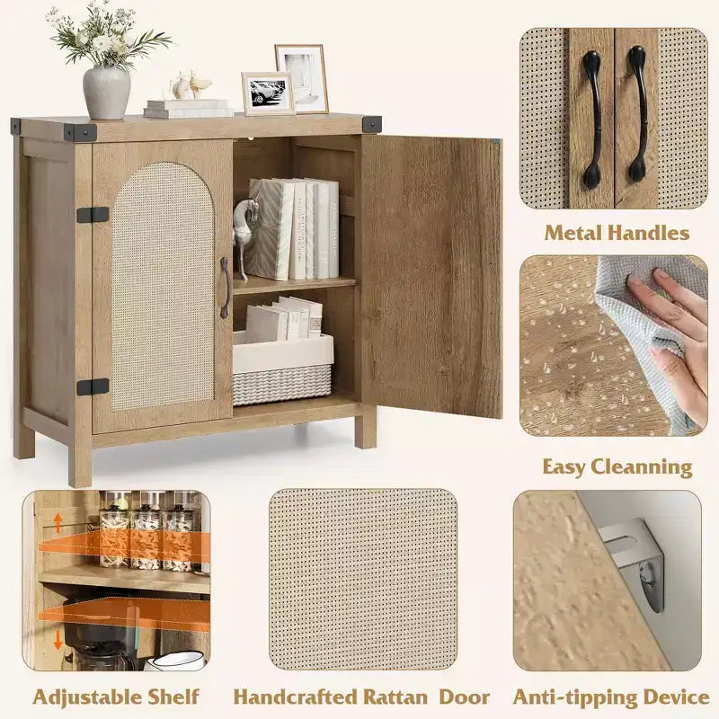 Mobile buffet in rattan con contenitore, Credenza con ante in rattan sintetico, Ripiani regolabili per soggiorno, sala da pranzo, corridoio, Nero