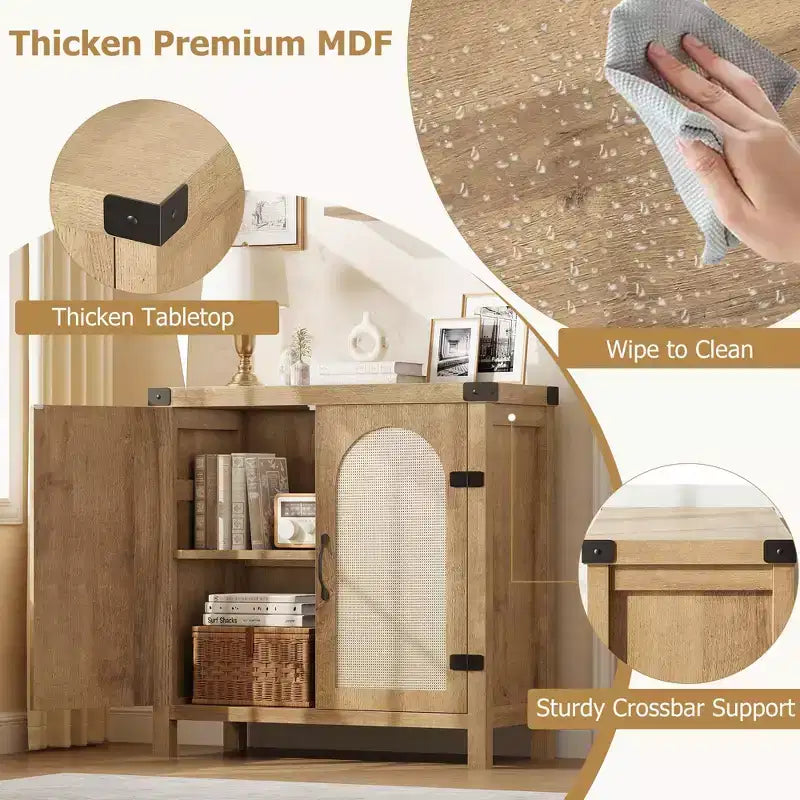 Mobile buffet in rattan con contenitore, Credenza con ante in rattan sintetico, Ripiani regolabili per soggiorno, sala da pranzo, corridoio, Nero