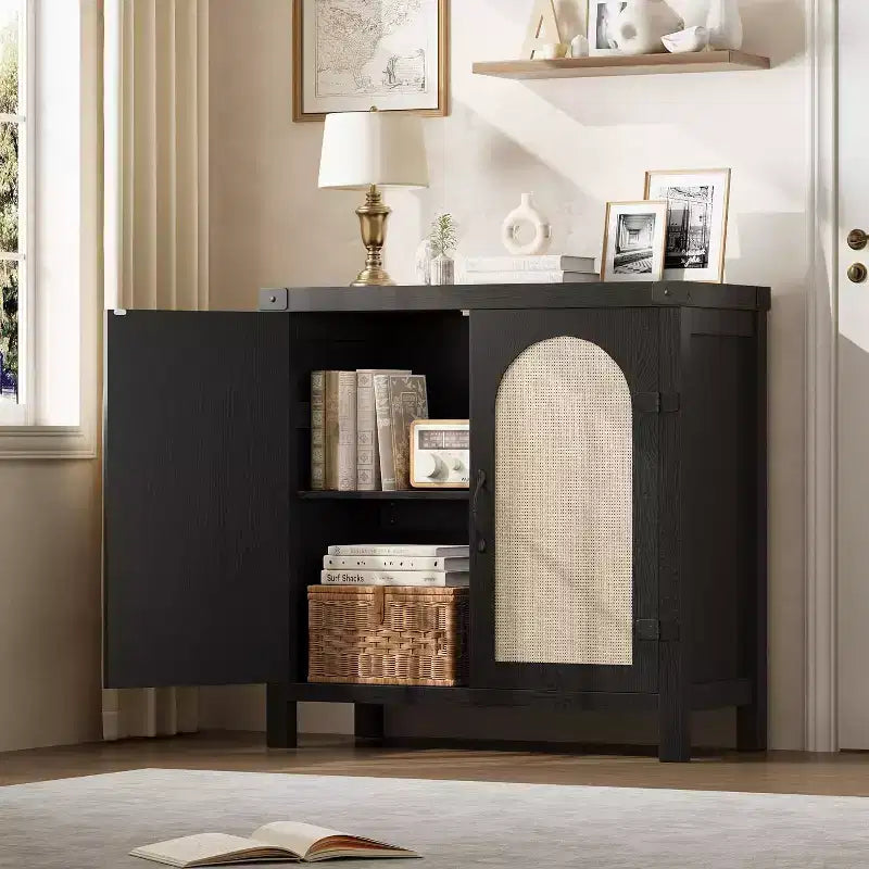 Mobile buffet in rattan con contenitore, Credenza con ante in rattan sintetico, Ripiani regolabili per soggiorno, sala da pranzo, corridoio, Nero