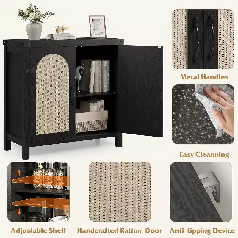 Mobile buffet in rattan con contenitore, Credenza con ante in rattan sintetico, Ripiani regolabili per soggiorno, sala da pranzo, corridoio, Nero