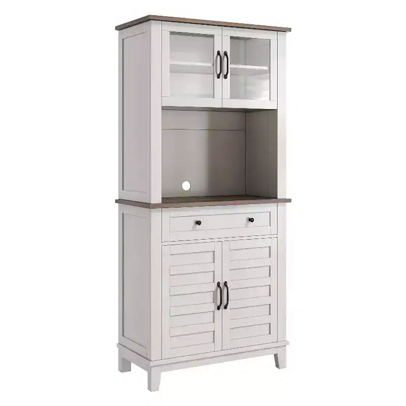 GustoWave 72 Tall Kitchen Bar Cabinet Hutch Featuring 4 Glass Doors & 1 Drawer, Modern Wood Pantry Coffee Cabinet with Ample Storage, White