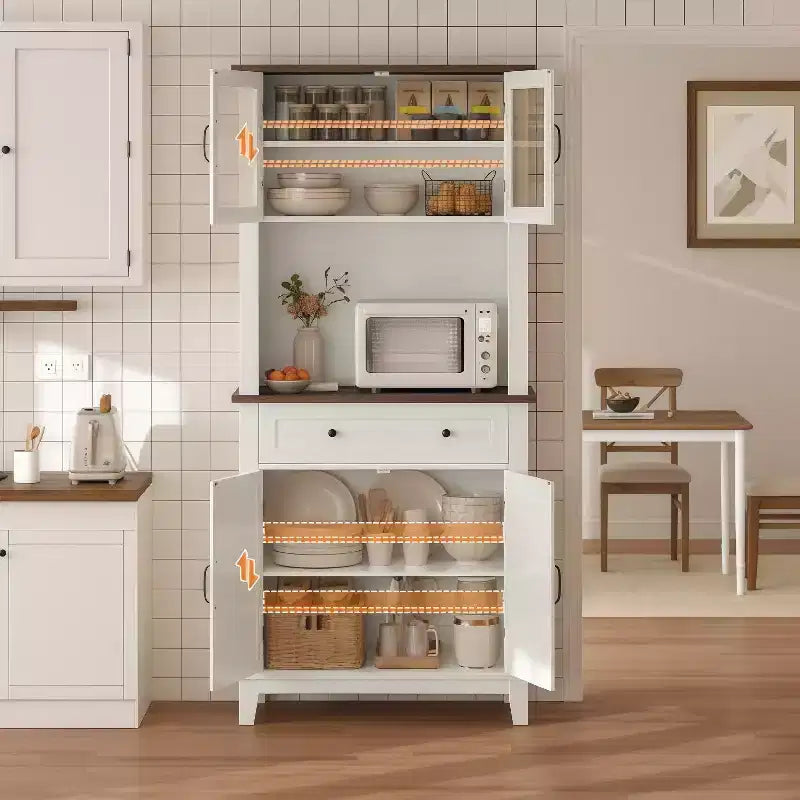 GustoWave 72 Tall Kitchen Bar Cabinet Hutch con 4 Ante in Vetro e 1 Cassetto, Credenza Moderna in Legno per Cucina o Caffè con Ampio Spazio Contenitore, Bianco