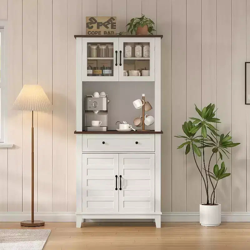 GustoWave 72 Tall Kitchen Bar Cabinet Hutch con 4 Ante in Vetro e 1 Cassetto, Credenza Moderna in Legno per Cucina o Caffè con Ampio Spazio Contenitore, Bianco