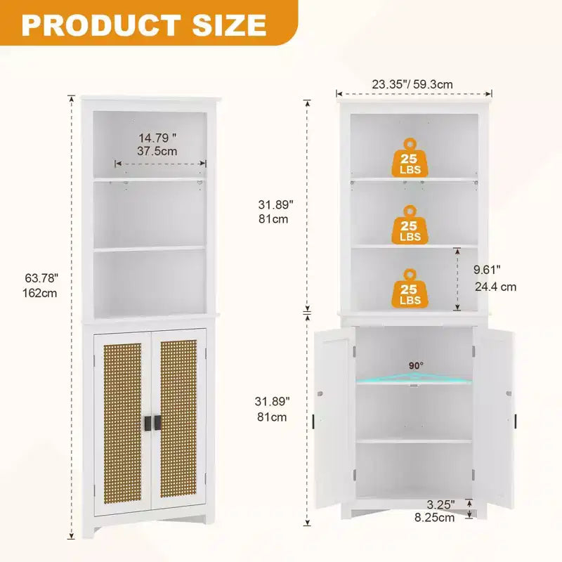 GustoWave 64 Mobile angolare alto da fattoria con 2 ante a scomparsa, credenza con ripiani regolabili, mobile contenitore da fattoria, bianco