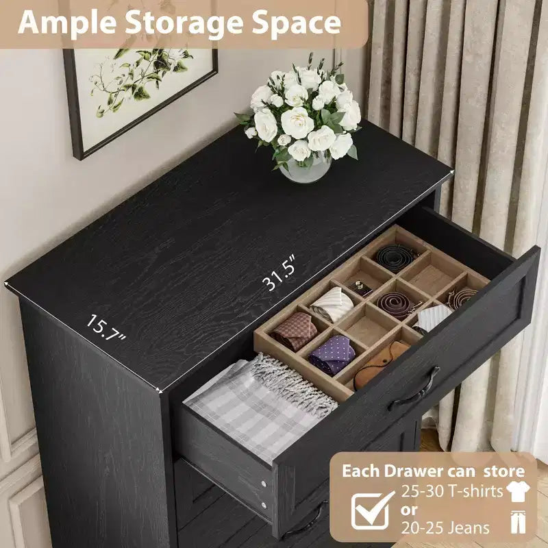 Comò a 6 cassetti per camera da letto, cassettiera con ampia maniglia in metallo, comò moderno in legno stile rustico, texture naturale, organizer per camera da letto