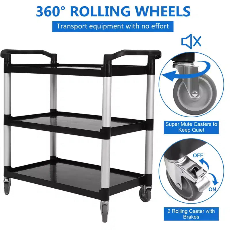 Carrello di servizio multiuso con ruota freno, carrello di servizio mobile resistente da 3 ripiani con capacità di 360 libbre e ruote girevoli a 360°, carrello per alimenti per ristoranti