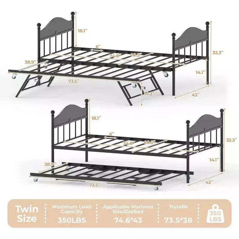 Letto a giorno in metallo matrimoniale, letto a giorno con letto estraibile, con elegante testiera, struttura divano letto, per soggiorno, camera da letto e camera degli ospiti