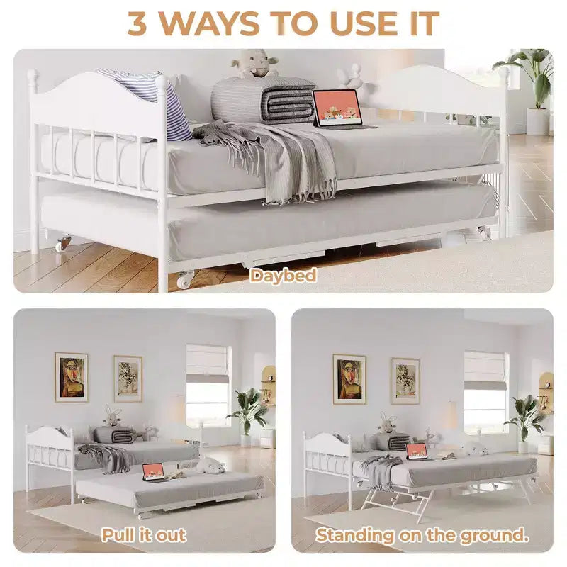 Letto a giorno in metallo matrimoniale, letto a giorno con letto estraibile, con elegante testiera, struttura divano letto, per soggiorno, camera da letto e camera degli ospiti