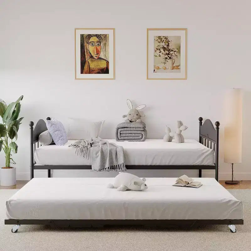 Letto a giorno in metallo matrimoniale, letto a giorno con letto estraibile, con elegante testiera, struttura divano letto, per soggiorno, camera da letto e camera degli ospiti