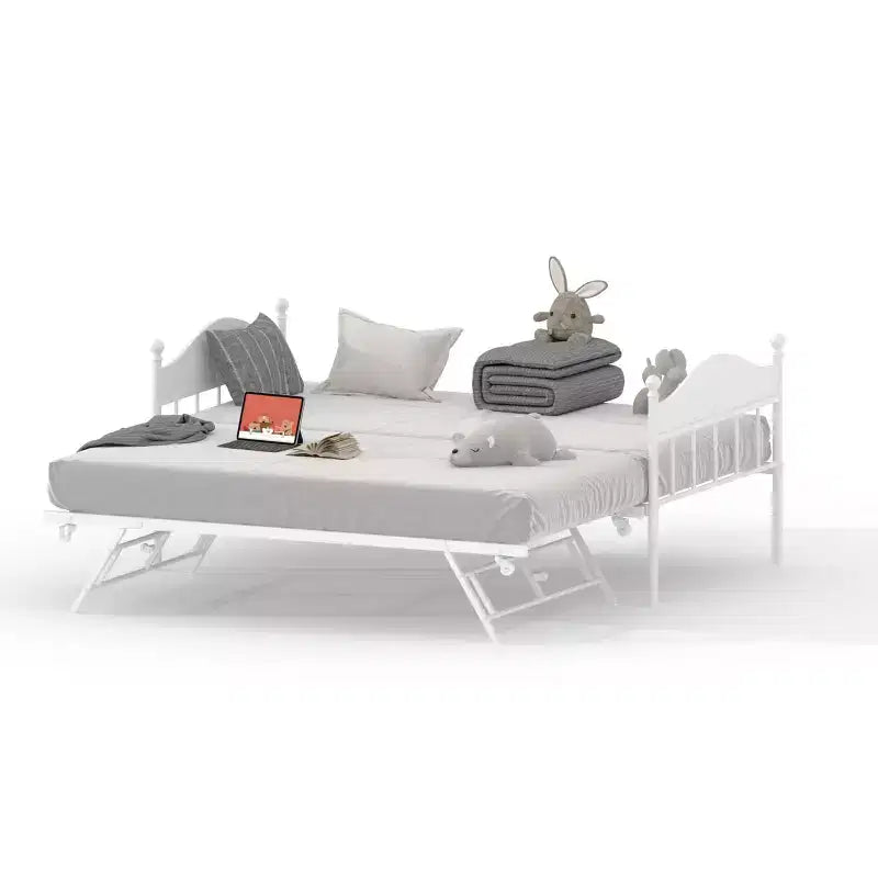 Letto a giorno in metallo matrimoniale, letto a giorno con letto estraibile, con elegante testiera, struttura divano letto, per soggiorno, camera da letto e camera degli ospiti