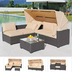 GustoWave 6 Pieces Patio Furniture Set,Wicker Patio Furniture Sofa with Retractable Canopy,Cushions and Tea Table with Storage,2 Adjustable Backrest