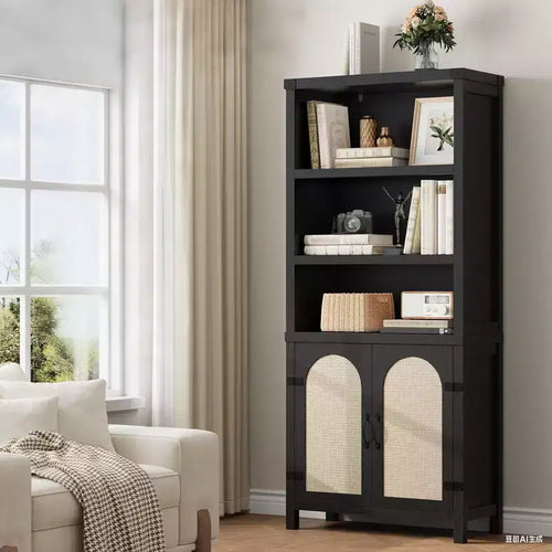 5-Tier Tall Bookshelf with Doors, Storage Cabinet and Bookcase for Living Room or Home Office, Wooden Bookshelves with Rattan Design