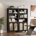 Libreria Alta a 5 Ripiani con Ante, Armadietto e Libreria per Soggiorno o Ufficio, Scaffali in Legno con Design in Rattan