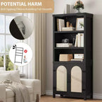 Libreria Alta a 5 Ripiani con Ante, Armadietto e Libreria per Soggiorno o Ufficio, Scaffali in Legno con Design in Rattan