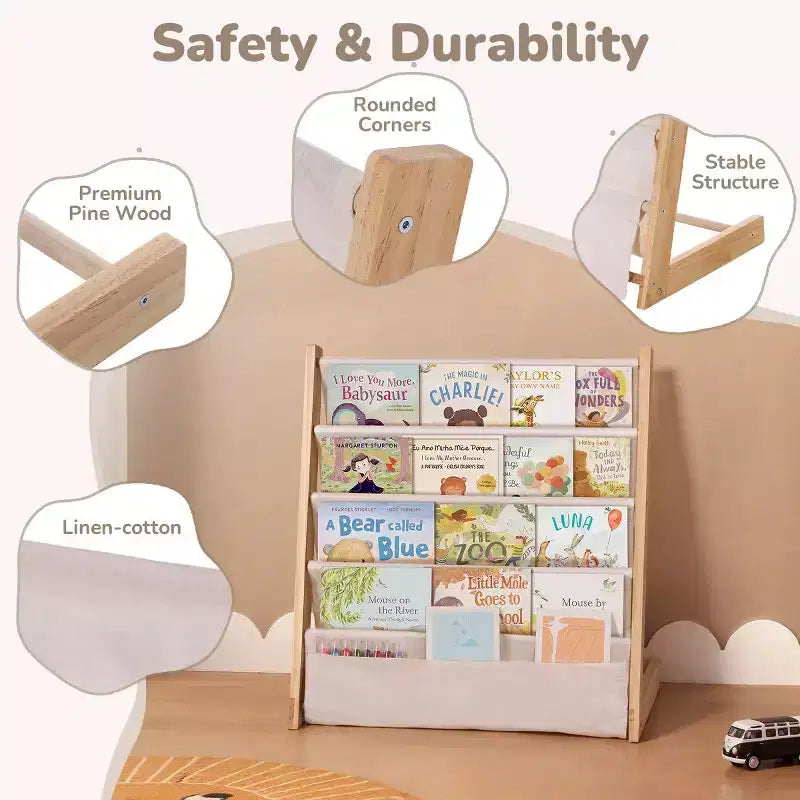 GOTGELIF Scaffale/Libreria a 4/5 Livelli per Bambini - Legno massiccio, libreria compatta, ripiani aperti